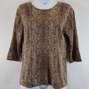 August Silk Brown and Black Print 100% Silk Stretch Knit Top Size M
